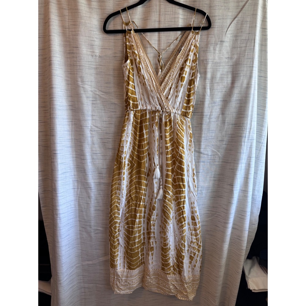 Blue Island Tie Dye Midi Dress Mustard Yellow Boho Tassel Wrap V-Neck Small